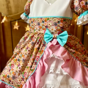 VESTIDO CHINITA VUELOS ROSA Y TURQUESA TALLA 7-8