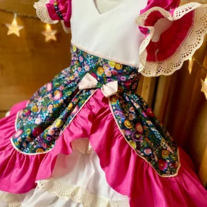 VESTIDO CHINITA FLORES 3D VUELOS FUCSIA TALLA 3 -4