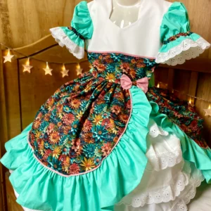 VESTIDO CHINITA FLORES TIERRA Y TURQUESA TALLA 7-8